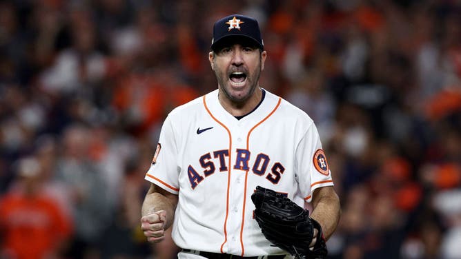 Houston Astros starter Justin Verlander reacts after striking out a New York Yankee in Game 1 of the ALCS at Minute Maid Park in Houston.