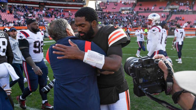 Cleveland Browns QB Jacoby Brissett dapping up New England Patriots head coach Bill Belichick after the Patriots defeated the Browns 38-15 at FirstEnergy Stadium. (Nick Cammett/Diamond Images via Getty Images)