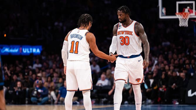 New York Knicks PF Julius Randle and PG Jalen Brunson celebrate after a basket against the Orlando Magic at Madison Square Garden.