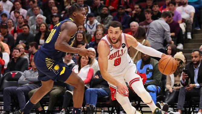 Chicago Bulls wing Zach LaVine drives to the basket against Indiana Pacers wing Bennedict Mathurin at United Center in Chicago.
