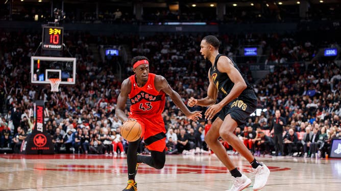 Toronto Raptors All-Star Pascal Siakam drives against Cleveland Cavaliers big Evan Mobley at Scotiabank Arena in Toronto, Canada.