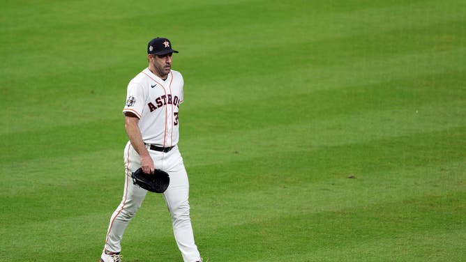 Houston Astros Justin Verlander walks off the field in the 4th inning against the Philadelphia Phillies in Game 1 of the 2022 World Series at Minute Maid Park in Houston.