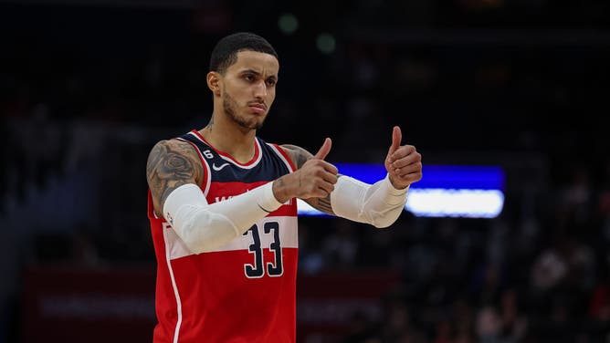 Washington Wizards Kyle Kuzma is chilling out his teammates against the Indiana Pacers at Capital One Arena on October 28, 2022 in Washington, DC.