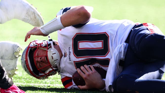 Patriots QB Mac Jones after being tackled by the New York Jets at MetLife Stadium East Rutherford, New Jersey.