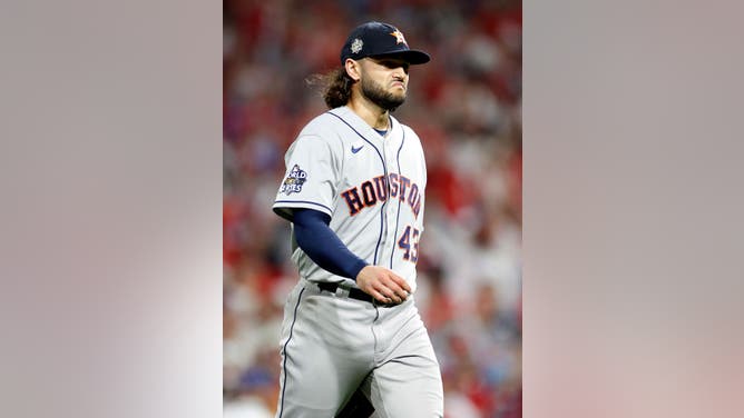 Lance McCullers of the Houston Astros frustrated after giving up runs to the Philadelphia Phillies in Game 3 of the 2022 World Series