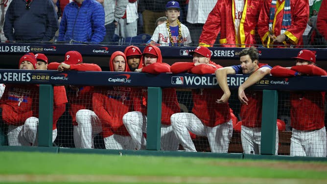 The Philadelphia Phillies realize history is about to be made around the 9th inning vs. the Houston Astros in Game 4 of the 2022 World Series at Citizens Bank Park in Philadelphia.