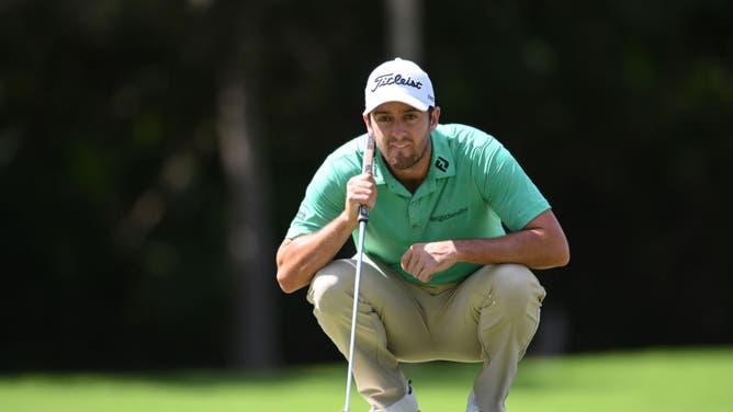 Davis Riley putts on the 1st hole's green of the 2022 World Wide Technology Championship.