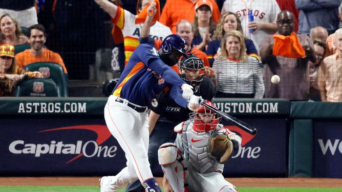 Alvarez hits a 3-run home run vs. the Phillies during Game 6 of the 2022 World Series at Minute Maid Park in Houston, Texas.
