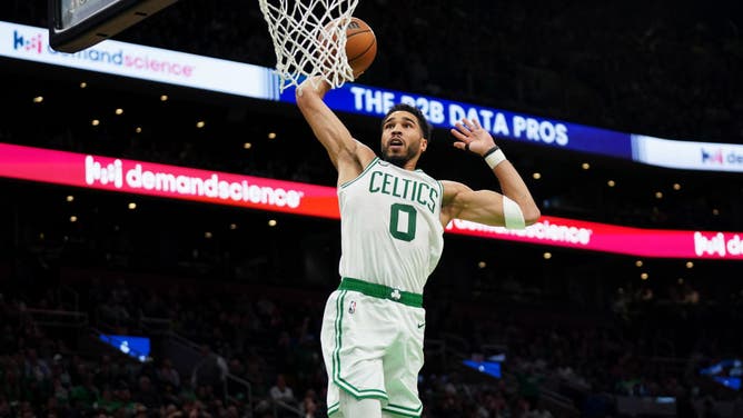 Boston Celtics All-Star Jayson Tatum banging against the Detroit Pistons at TD Garden in Boston.