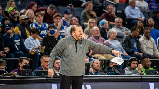 New York Knicks head coach Tom Thibodeau directs his team in the first quarter of the game against the Minnesota Timberwolves at Target Center in Minneapolis.