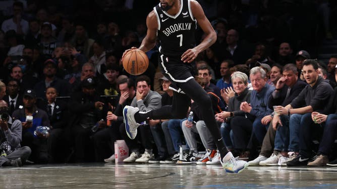 Brooklyn Nets Kevin Durant brings the ball upcourt against the New York Knicks during their game at Barclays Center.