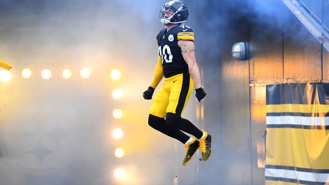Pittsburgh Steelers pass rusher T.J. Watt takes the field prior to the game against the New Orleans Saints at Acrisure Stadium in Pittsburgh, Pennsylvania.