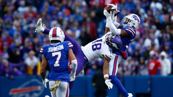 Vikings WR Justin Jefferson catches a ridiculous pass vs. the Buffalo Bills at Highmark Stadium in Orchard Park, New York.