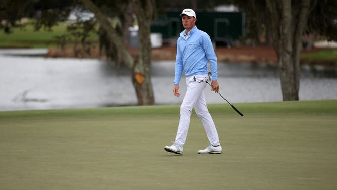 Ben Griffin watches his putt on the 17th green at Sea Island Resort Seaside Course in St Simons Island, Georgia.