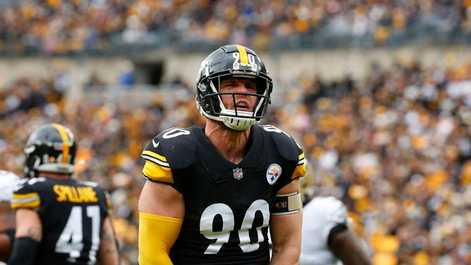 Pittsburgh Steelers edge rusher T.J. Watt pumped after making a big play against the New Orleans Saints at Acrisure Stadium in Pittsburgh, Pennsylvania.