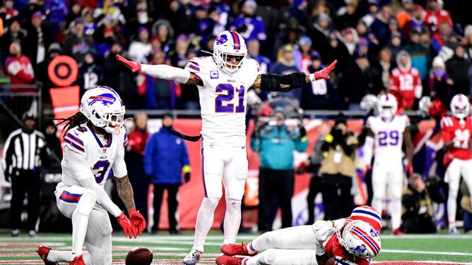 Buffalo Bills S Jordan Poyer reacts after breaking up a pass intended for New England Patriots WR Jakobi Meyers at Gillette Stadium in Foxborough, Massachusetts.