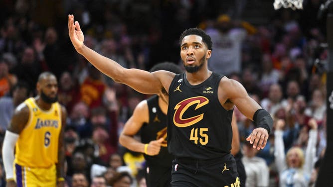 Cleveland Cavaliers SG Donovan Mitchell celebrates against the Los Angeles Lakers at Rocket Mortgage Fieldhouse in Cleveland, Ohio.