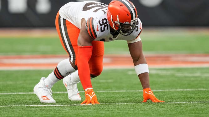 Browns' Myles Garrett lines up for a play vs. the Bengals at Paycor Stadium in Cincinnati, Ohio.