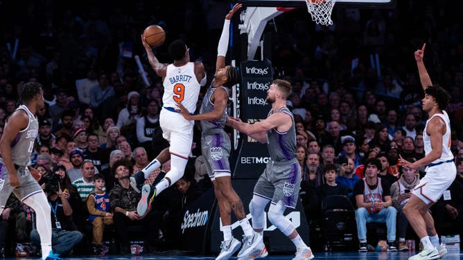 Knicks SF RJ Barrett goes up for a layup vs. the Kings at Madison Square Garden.
