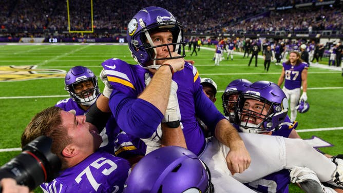 Minnesota Vikings PK Greg Joseph celebrates with teammates after kicking a game-winning FG against the Indianapolis Colts at U.S. Bank Stadium in Minneapolis.