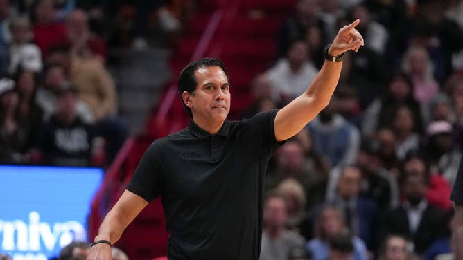 Miami Heat head Coach Erik Spoelstra reacts during the second half against the Minnesota Timberwolves at FTX Arena in Miami.
