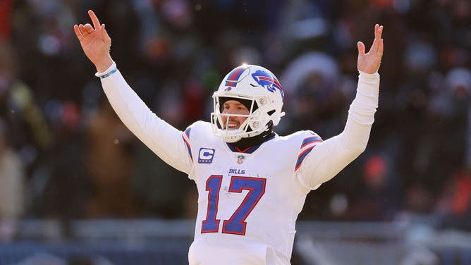 Buffalo Bills QB Josh Allen celebrates a TD against the Chicago Bears at Soldier Field in Chicago.
