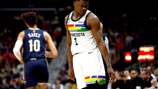 Timberwolves Anthony Edwards reacts after scoring a 3-pointer vs. the Pelicans at Smoothie King Center in New Orleans.