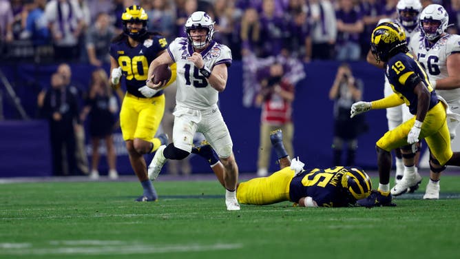 TCU Horned Frogs QB Max Duggan runs during the second half of the Fiesta Bowl against the Michigan Wolverines at State Farm Stadium in Glendale, Arizona.