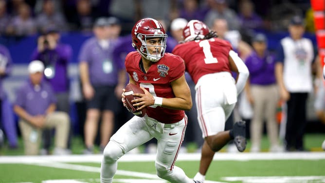 Former Alabama QB Bryce Young looks to pass during the Allstate Sugar Bowl vs. the Kansas State Wildcats at Caesars Superdome in New Orleans, Louisiana.