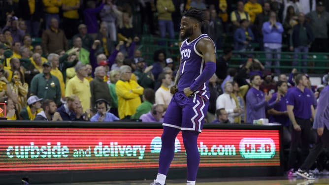 TCU's Miles Jr. celebrates as the Horned Frogs take the lead against Baylor at Ferrell Center in Waco, Texas.