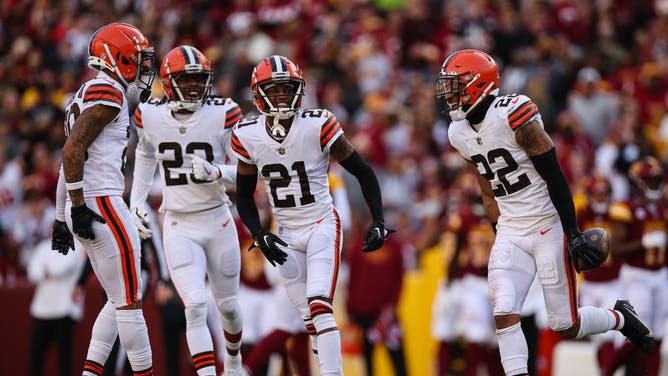 The Browns celebrates an interception vs. the Washington Commanders at FedExField in Landover, Maryland.
