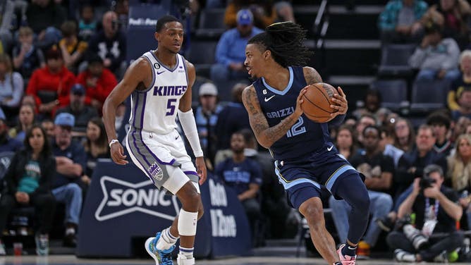 Memphis Grizzlies PG Ja Morant handles the ball during the game vs. the Sacramento Kings at FedExForum in Memphis, Tennessee.