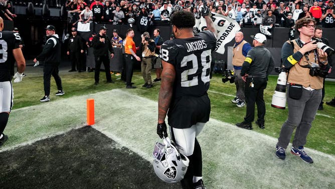 Josh Jacobs salutes the Las Vegas Raiders fans after what could be his final game for the team, although he certainly is hoping that isn't the case.