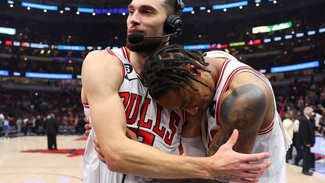 Zach LaVine and DeMar DeRozan celebrate after defeating the Utah Jazz at United Center in Chicago.