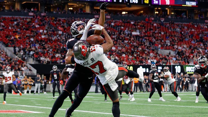 Tampa Bay Buccaneers WR Russell Gage catches a TD pass on Falcons CB A.J. Terrell at Mercedes-Benz Stadium.