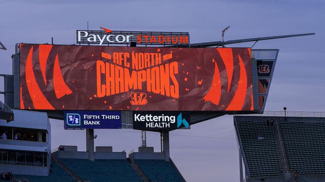 A general view of signage honoring the Cincinnati Bengals after beating the Baltimore Ravens win the AFC North at Paycor Stadium in Cincinnati, Ohio.