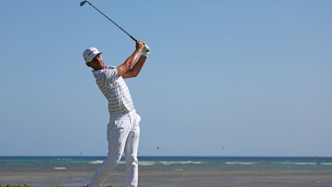Adam Svensson hits a tee shot during the 2nd round of the 2023 Sony Open at Waialae.