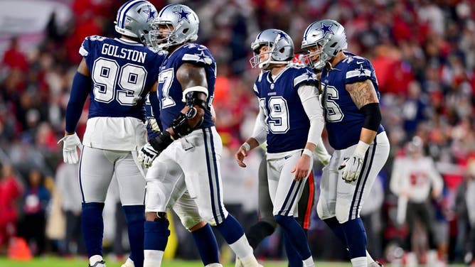 Dallas Cowboys PK Brett Maher reacts after missing an extra point against the Tampa Bay Buccaneers in the NFC Wild Card playoff game at Raymond James Stadium in Tampa, Florida.