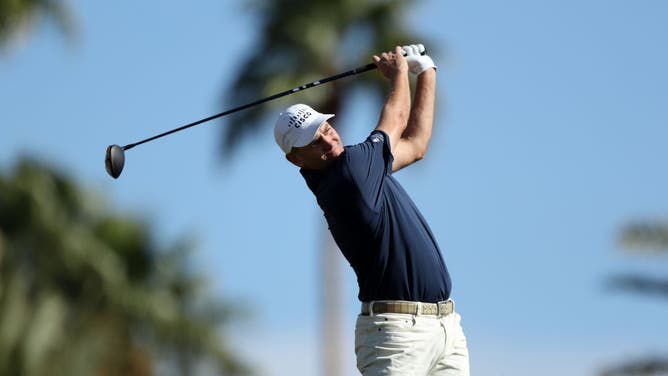 Brendon Todd plays his shot from the 9th tee during the 1st round of The American Express at PGA West Nicklaus Tournament Course in La Quinta, California.
