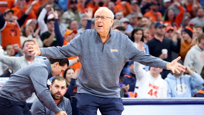 Syracuse Orange coach Jim Boeheim complains during the 2nd half of the game against the North Carolina Tar Heels at JMA Wireless Dome in Syracuse, New York.