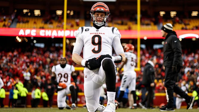 Joe Burrow of the Cincinnati Bengals stretches as he warms up prior to the AFC Championship NFL football game between the Kansas City Chiefs and the Cincinnati Bengals.