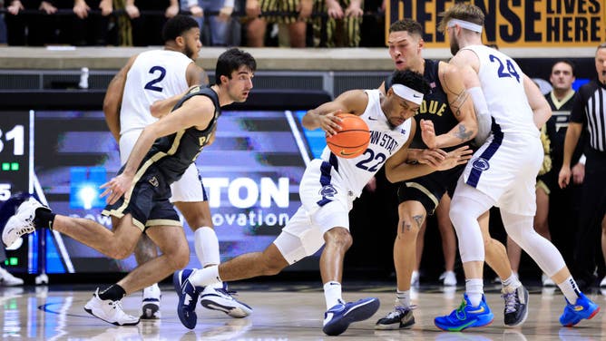 Jalen Pickett drives to the basket in the game vs. Purdue at Mackey Arena in West Lafayette, Indiana.