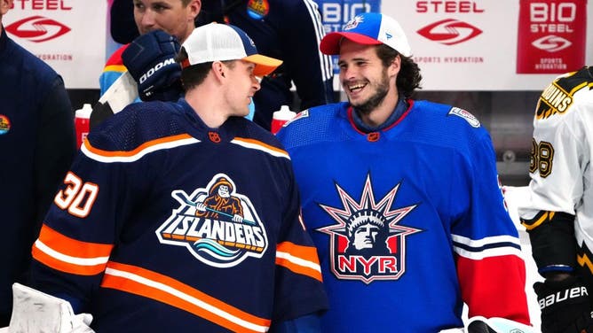 Ilya Sorokin of the New York Islanders and Igor Shesterkin of the New York Rangers talk before the Upper Deck NHL Fastest Skater event during the 2023 NHL All-Star Skills Competition at FLA Live Arena on February 03, 2023 in Sunrise, Florida.