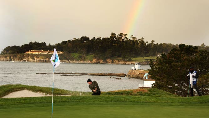 Joe Horowitz of the United States plays a shot from a bunker on the fourth hole during a continuation of the third round of the AT&T Pebble Beach Pro-Am.