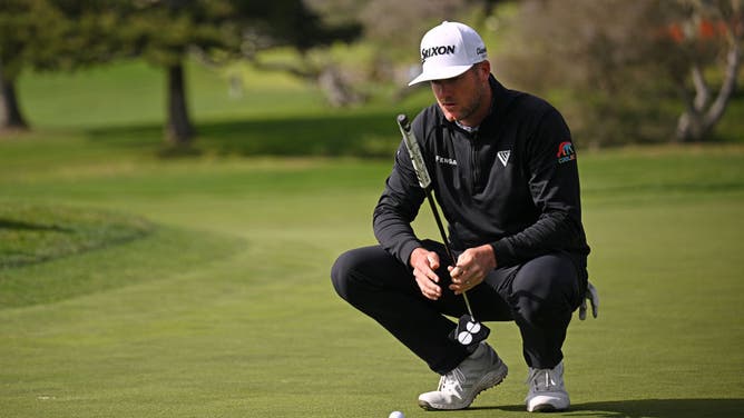 Taylor Pendrith lines up a putt on the second green during the final round of the AT&T Pebble Beach Pro-Am at Pebble Beach Golf Links in Pebble Beach, California.