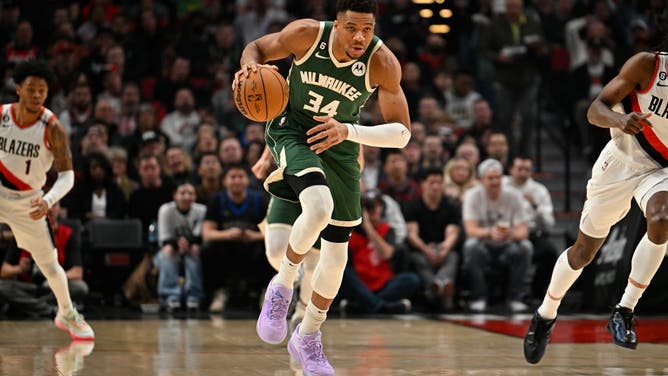 Giannis Antetokounmpo pushes the ball up the court vs. the Portland Trail Blazers at the Moda Center in Portland, Oregon.