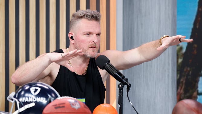 Former NFL player and now ESPN host Pat McAfee speaks during his show.