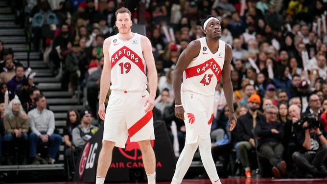 Raptors C Jakob Poeltl and F Pascal Siakam wait on defense for the Orlando Magic at the Scotiabank Arena in Toronto, Ontario, Canada.