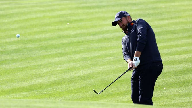 Shane Lowry chips onto the 7th green during the 1st round of the The Genesis Invitational at Riviera Country Club in Pacific Palisades, California.