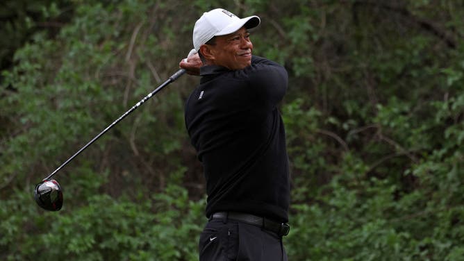 Tiger Woods plays his shot from the 12th tee during the 2nd round of the The Genesis Invitational at Riviera Country Club in Pacific Palisades, California.
